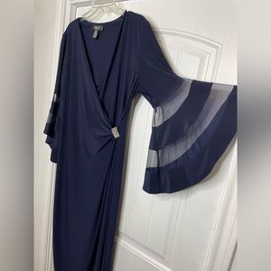 R & M Richards Long Faux Wrap Illusion Angel Sleeve Dress Size 16